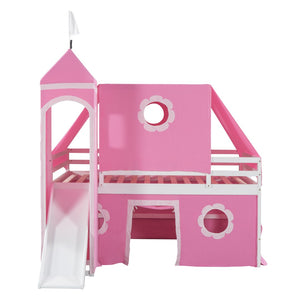 HomeRoots Pink Canopy Loft Bed with Slide - Charming Full Double Design for Kids' Playful Bedrooms & Space-Saving 606560