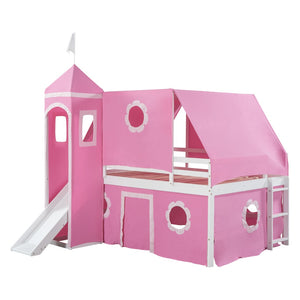 HomeRoots Pink Canopy Loft Bed with Slide - Charming Full Double Design for Kids' Playful Bedrooms & Space-Saving 606560