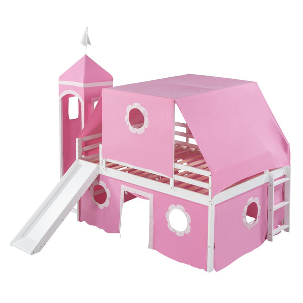 HomeRoots Pink Canopy Loft Bed with Slide - Charming Full Double Design for Kids' Playful Bedrooms & Space-Saving 606560