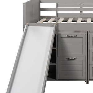 HomeRoots Gray Twin Loft Bed with Slide, Shelves & Storage - Stylish Solid Wood Design for Kids' Rooms 606561