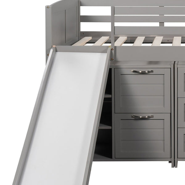 HomeRoots Gray Twin Loft Bed with Slide, Shelves & Storage - Stylish Solid Wood Design for Kids' Rooms 606561