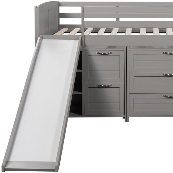 HomeRoots Gray Twin Loft Bed with Slide, Shelves & Storage - Stylish Solid Wood Design for Kids' Rooms 606561