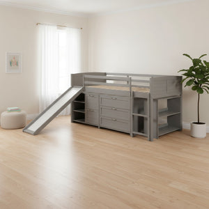 HomeRoots Gray Twin Loft Bed with Slide, Shelves & Storage - Stylish Solid Wood Design for Kids' Rooms 606561