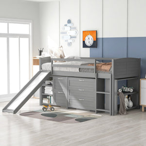 HomeRoots Gray Twin Loft Bed with Slide, Shelves & Storage - Stylish Solid Wood Design for Kids' Rooms 606561
