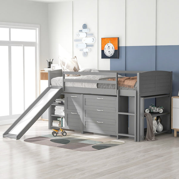 HomeRoots Gray Twin Loft Bed with Slide, Shelves & Storage - Stylish Solid Wood Design for Kids' Rooms 606561