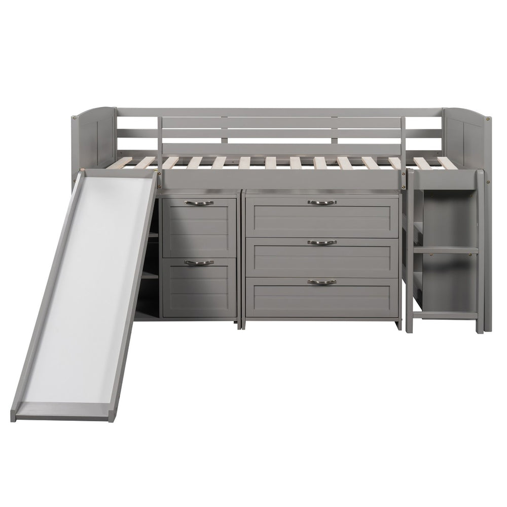 HomeRoots Gray Twin Loft Bed with Slide, Shelves & Storage - Stylish Solid Wood Design for Kids' Rooms 606561