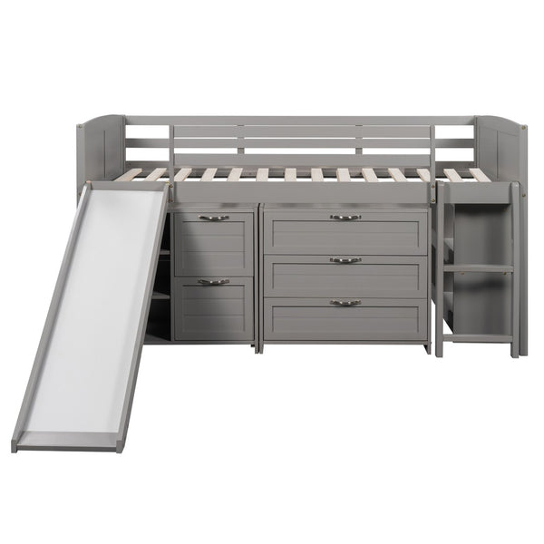HomeRoots Gray Twin Loft Bed with Slide, Shelves & Storage - Stylish Solid Wood Design for Kids' Rooms 606561
