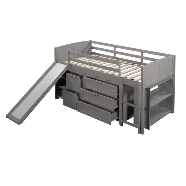 HomeRoots Gray Twin Loft Bed with Slide, Shelves & Storage - Stylish Solid Wood Design for Kids' Rooms 606561