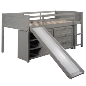 HomeRoots Gray Twin Loft Bed with Slide, Shelves & Storage - Stylish Solid Wood Design for Kids' Rooms 606561
