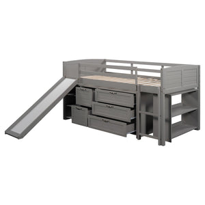 HomeRoots Gray Twin Loft Bed with Slide, Shelves & Storage - Stylish Solid Wood Design for Kids' Rooms 606561