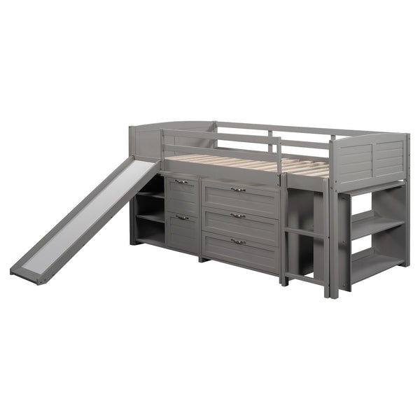 HomeRoots Gray Twin Loft Bed with Slide, Shelves & Storage - Stylish Solid Wood Design for Kids' Rooms 606561