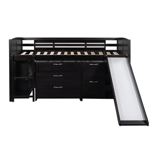 HomeRoots Espresso Solid Wood Twin Loft Bed with Fun Slide, Shelves, and Space-Saving Design for Kids 606562