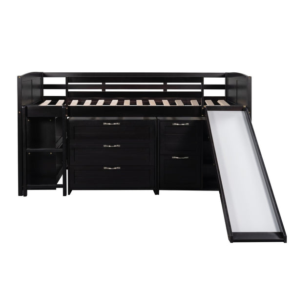 HomeRoots Espresso Solid Wood Twin Loft Bed with Fun Slide, Shelves, and Space-Saving Design for Kids 606562