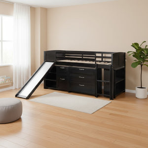 HomeRoots Espresso Solid Wood Twin Loft Bed with Fun Slide, Shelves, and Space-Saving Design for Kids 606562