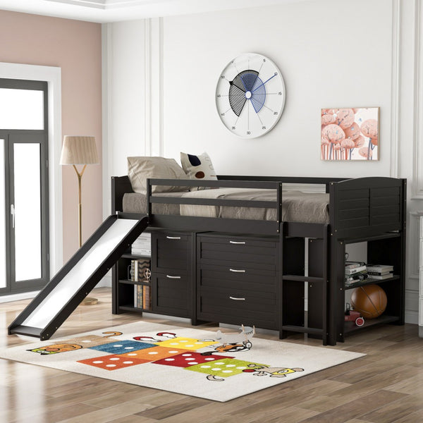 HomeRoots Espresso Solid Wood Twin Loft Bed with Fun Slide, Shelves, and Space-Saving Design for Kids 606562