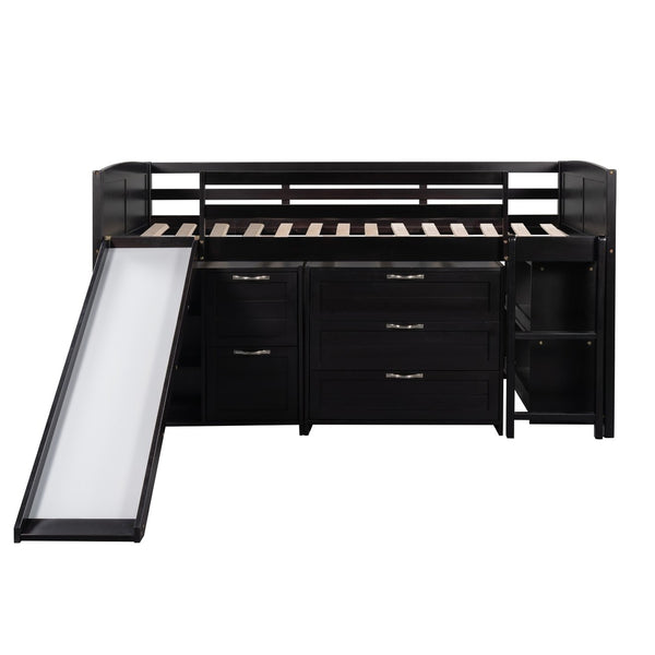 HomeRoots Espresso Solid Wood Twin Loft Bed with Fun Slide, Shelves, and Space-Saving Design for Kids 606562