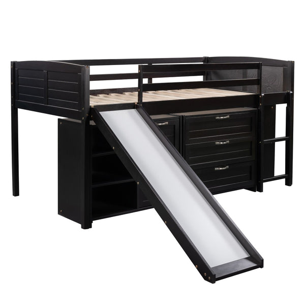 HomeRoots Espresso Solid Wood Twin Loft Bed with Fun Slide, Shelves, and Space-Saving Design for Kids 606562