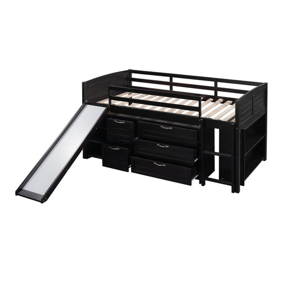 HomeRoots Espresso Solid Wood Twin Loft Bed with Fun Slide, Shelves, and Space-Saving Design for Kids 606562