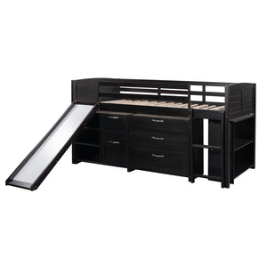 HomeRoots Espresso Solid Wood Twin Loft Bed with Fun Slide, Shelves, and Space-Saving Design for Kids 606562