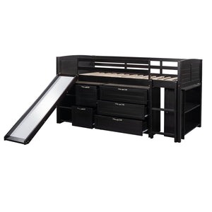 HomeRoots Espresso Solid Wood Twin Loft Bed with Fun Slide, Shelves, and Space-Saving Design for Kids 606562