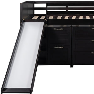 HomeRoots Espresso Solid Wood Twin Loft Bed with Fun Slide, Shelves, and Space-Saving Design for Kids 606562