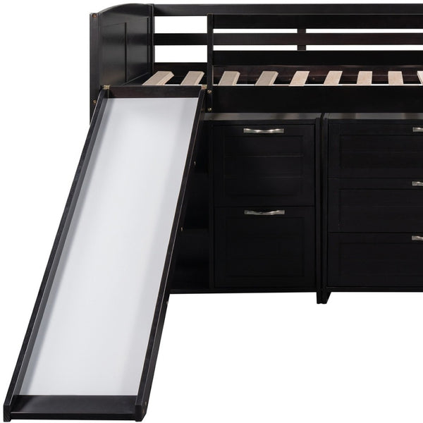 HomeRoots Espresso Solid Wood Twin Loft Bed with Fun Slide, Shelves, and Space-Saving Design for Kids 606562