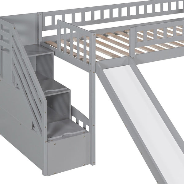 HomeRoots Gray Twin Loft Bed with Slide and Stairs - Stylish Solid Wood Design, Space-Saving Fun for Kids 606563