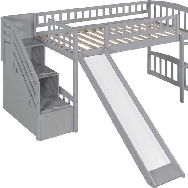 HomeRoots Gray Twin Loft Bed with Slide and Stairs - Stylish Solid Wood Design, Space-Saving Fun for Kids 606563