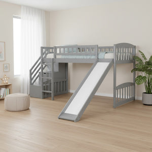 HomeRoots Gray Twin Loft Bed with Slide and Stairs - Stylish Solid Wood Design, Space-Saving Fun for Kids 606563