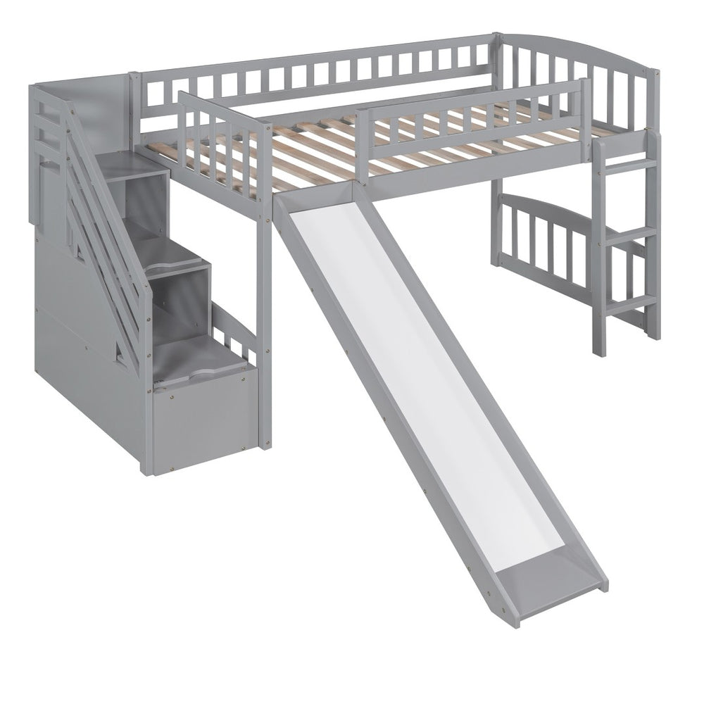 HomeRoots Gray Twin Loft Bed with Slide and Stairs - Stylish Solid Wood Design, Space-Saving Fun for Kids 606563