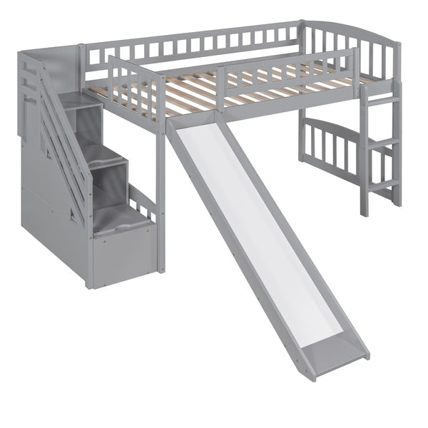 HomeRoots Gray Twin Loft Bed with Slide and Stairs - Stylish Solid Wood Design, Space-Saving Fun for Kids 606563