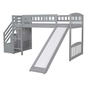 HomeRoots Gray Twin Loft Bed with Slide and Stairs - Stylish Solid Wood Design, Space-Saving Fun for Kids 606563