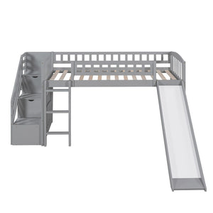 HomeRoots Gray Twin Loft Bed with Slide and Stairs - Stylish Solid Wood Design, Space-Saving Fun for Kids 606563
