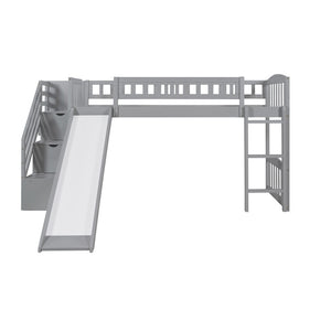 HomeRoots Gray Twin Loft Bed with Slide and Stairs - Stylish Solid Wood Design, Space-Saving Fun for Kids 606563