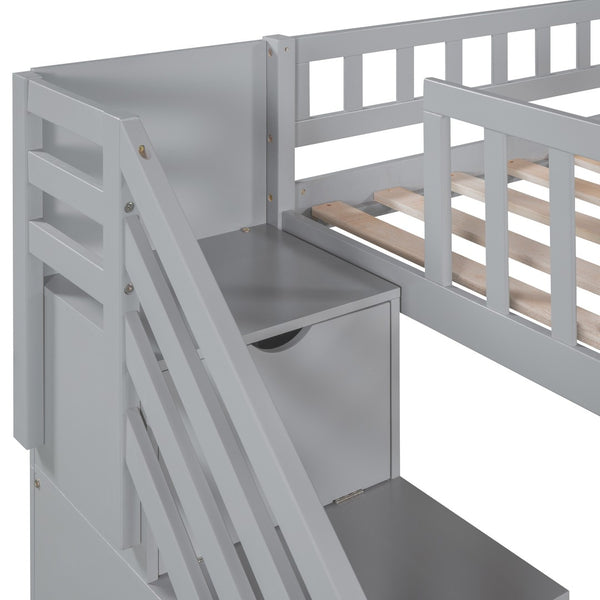 HomeRoots Gray Twin Loft Bed with Slide and Stairs - Stylish Solid Wood Design, Space-Saving Fun for Kids 606563