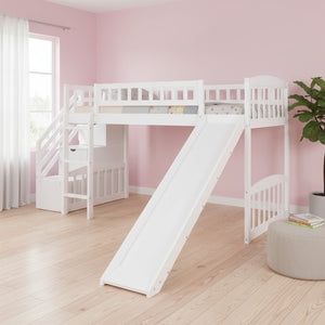 HomeRoots White Slat Solid Wood Twin Loft Bed with Fun Slide, Stairs & Under-Bed Storage for Kids' Rooms 606564