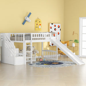 HomeRoots White Slat Solid Wood Twin Loft Bed with Fun Slide, Stairs & Under-Bed Storage for Kids' Rooms 606564