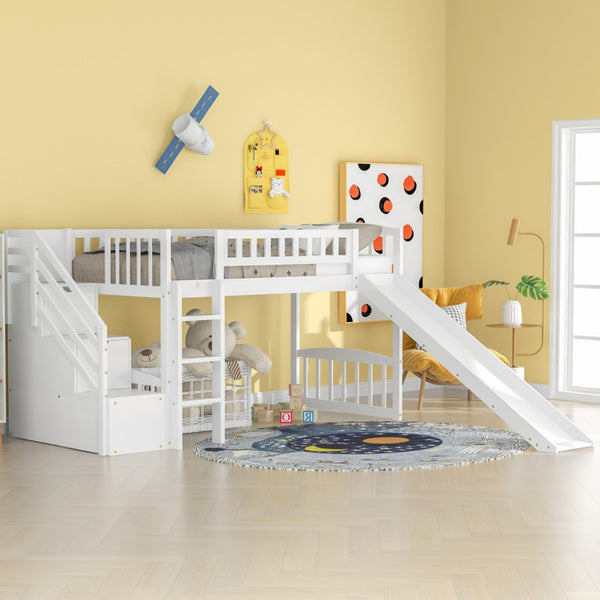 HomeRoots White Slat Solid Wood Twin Loft Bed with Fun Slide, Stairs & Under-Bed Storage for Kids' Rooms 606564