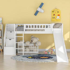 HomeRoots White Slat Solid Wood Twin Loft Bed with Fun Slide, Stairs & Under-Bed Storage for Kids' Rooms 606564