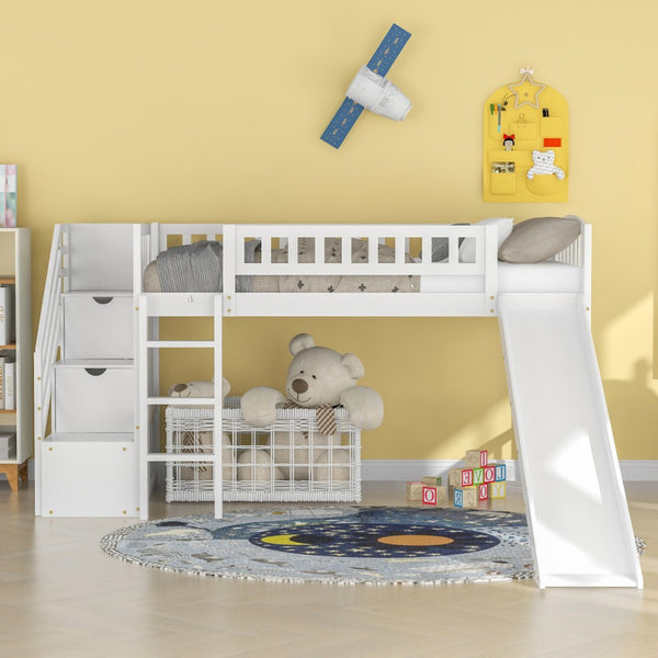HomeRoots White Slat Solid Wood Twin Loft Bed with Fun Slide, Stairs & Under-Bed Storage for Kids' Rooms 606564