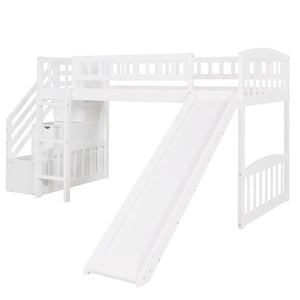 HomeRoots White Slat Solid Wood Twin Loft Bed with Fun Slide, Stairs & Under-Bed Storage for Kids' Rooms 606564