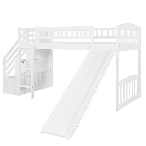 HomeRoots White Slat Solid Wood Twin Loft Bed with Fun Slide, Stairs & Under-Bed Storage for Kids' Rooms 606564