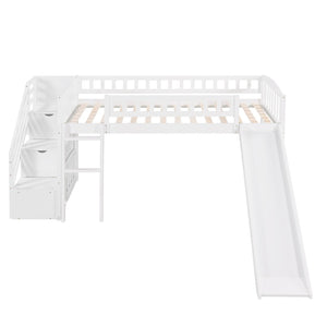 HomeRoots White Slat Solid Wood Twin Loft Bed with Fun Slide, Stairs & Under-Bed Storage for Kids' Rooms 606564