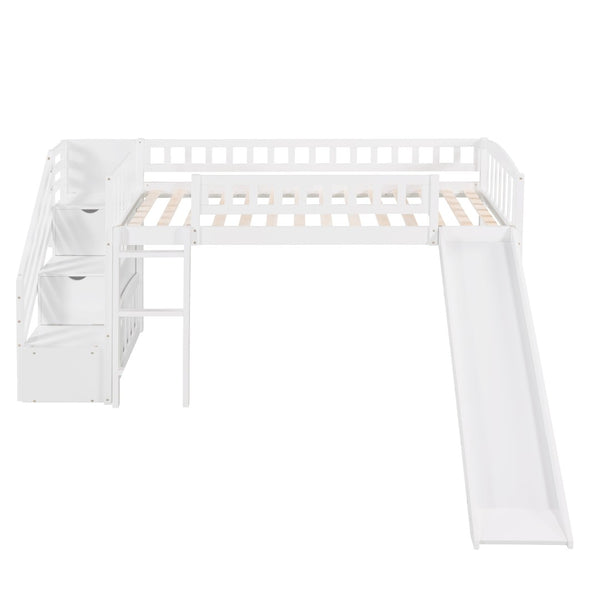 HomeRoots White Slat Solid Wood Twin Loft Bed with Fun Slide, Stairs & Under-Bed Storage for Kids' Rooms 606564