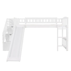 HomeRoots White Slat Solid Wood Twin Loft Bed with Fun Slide, Stairs & Under-Bed Storage for Kids' Rooms 606564