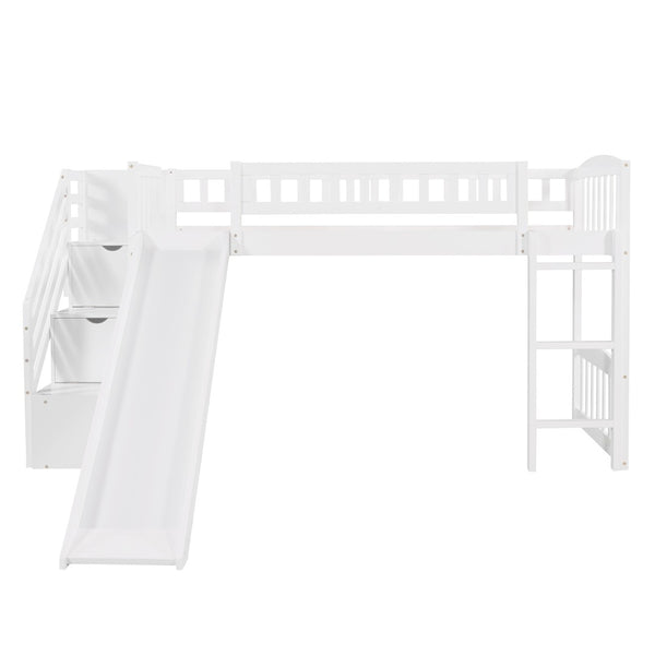 HomeRoots White Slat Solid Wood Twin Loft Bed with Fun Slide, Stairs & Under-Bed Storage for Kids' Rooms 606564