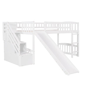 HomeRoots White Slat Solid Wood Twin Loft Bed with Fun Slide, Stairs & Under-Bed Storage for Kids' Rooms 606564