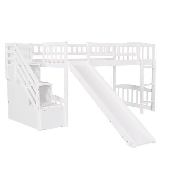 HomeRoots White Slat Solid Wood Twin Loft Bed with Fun Slide, Stairs & Under-Bed Storage for Kids' Rooms 606564