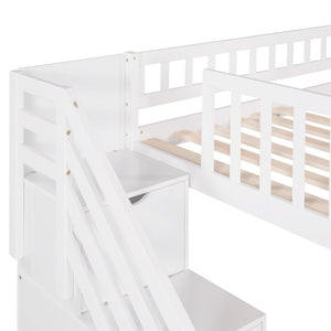 HomeRoots White Slat Solid Wood Twin Loft Bed with Fun Slide, Stairs & Under-Bed Storage for Kids' Rooms 606564