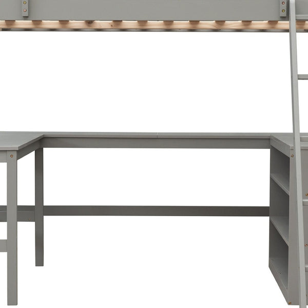 HomeRoots Gray Solid Wood Loft Bed with Desk & Shelves - Space-Saving Design for Modern Bedrooms & Studies 606565